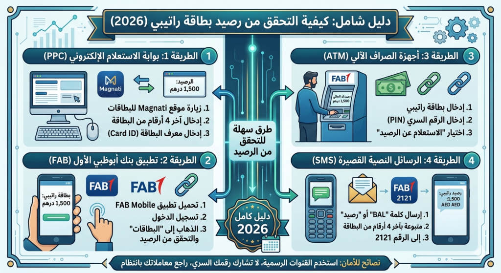 تحقق من رصيد بطاقة الراتبي - 5 طرق سهلة (2026)
5 طرق للتحقق من رصيد بطاقة الراتبي FAB - الرسائل النصية والمحفظة الرقمية وأجهزة الصراف الآلي والتطبيق المحمول والخدمة الهاتفية. دليل عربي شامل لجميع العاملين بالإمارات.
